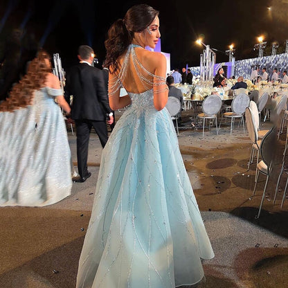 Vestido de noche elegante de sirena, sin mangas y con cuello halter azul, con sobrefalda y cuentas, 2025, vestidos de fiesta formales para mujer LA72054 