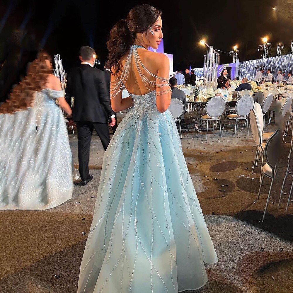 Vestido de noche elegante de sirena, sin mangas y con cuello halter azul, con sobrefalda y cuentas, 2025, vestidos de fiesta formales para mujer LA72054 
