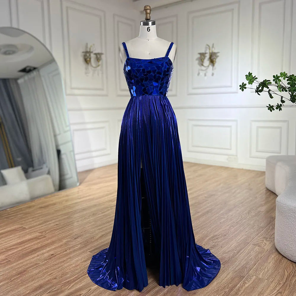 Vestido de noche azul de sirena con tirantes halter, espalda con cordones y cuentas y lentejuelas para mujer | Fiesta de bodas 2025 LA72612 