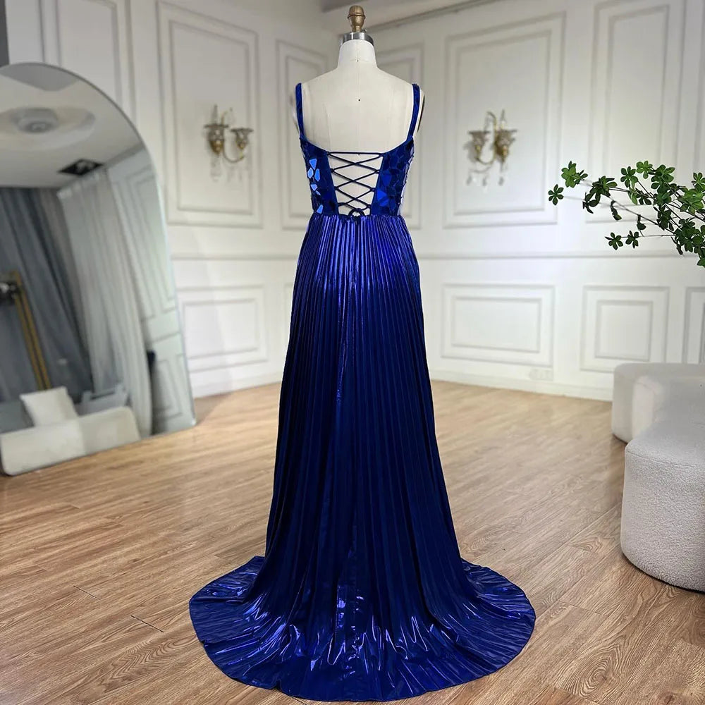 Vestido de noche azul de sirena con tirantes halter, espalda con cordones y cuentas y lentejuelas para mujer | Fiesta de bodas 2025 LA72612 