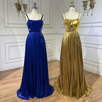 Vestido de noche azul de sirena con tirantes halter, espalda con cordones y cuentas y lentejuelas para mujer | Fiesta de bodas 2025 LA72612 