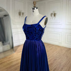 Vestido de noche azul de sirena con tirantes halter, espalda con cordones y cuentas y lentejuelas para mujer | Fiesta de bodas 2025 LA72612 