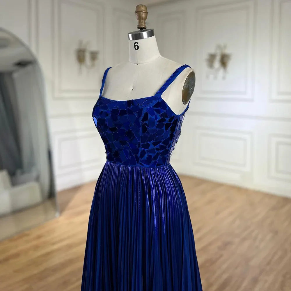 Vestido de noche azul de sirena con tirantes halter, espalda con cordones y cuentas y lentejuelas para mujer | Fiesta de bodas 2025 LA72612 