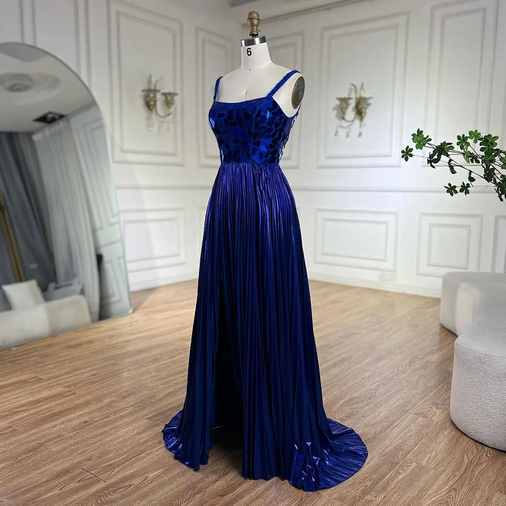 Vestido de noche azul de sirena con tirantes halter, espalda con cordones y cuentas y lentejuelas para mujer | Fiesta de bodas 2025 LA72612 