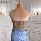Blau High Split Meerjungfrau Abendkleider Kleider 2025 Perlen Elegante Fleck Für Frauen Party LA71262 