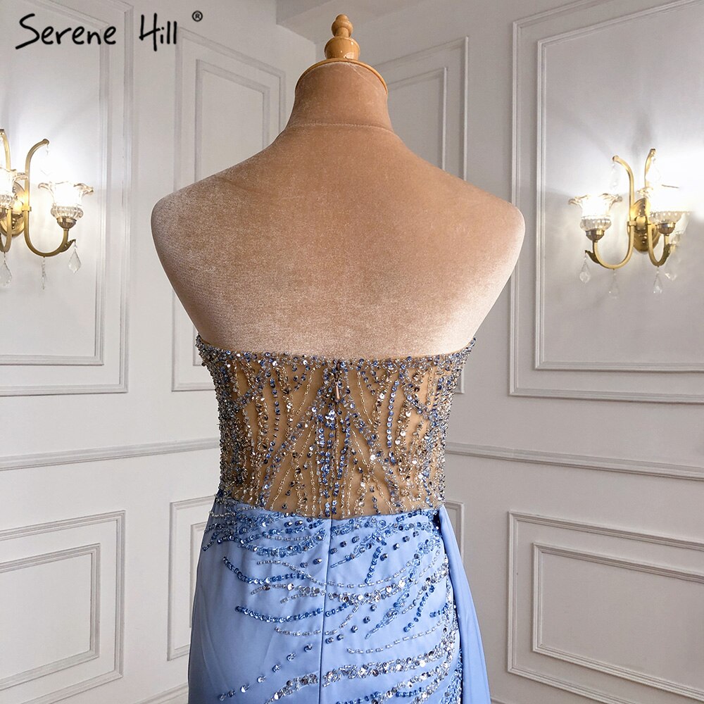 Blau High Split Meerjungfrau Abendkleider Kleider 2025 Perlen Elegante Fleck Für Frauen Party LA71262 