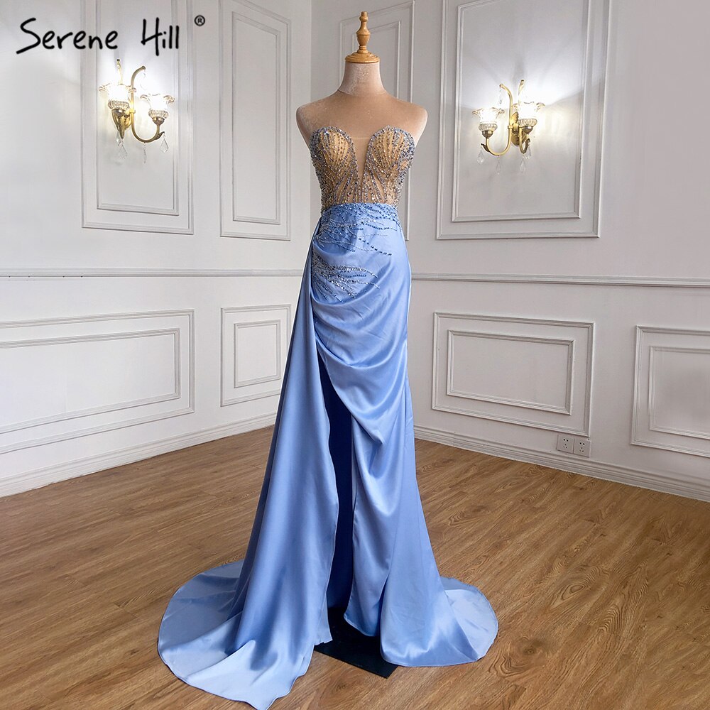 Vestido de noche azul de corte sirena con abertura alta, elegante, con cuentas, para mujer, fiesta, LA71262 