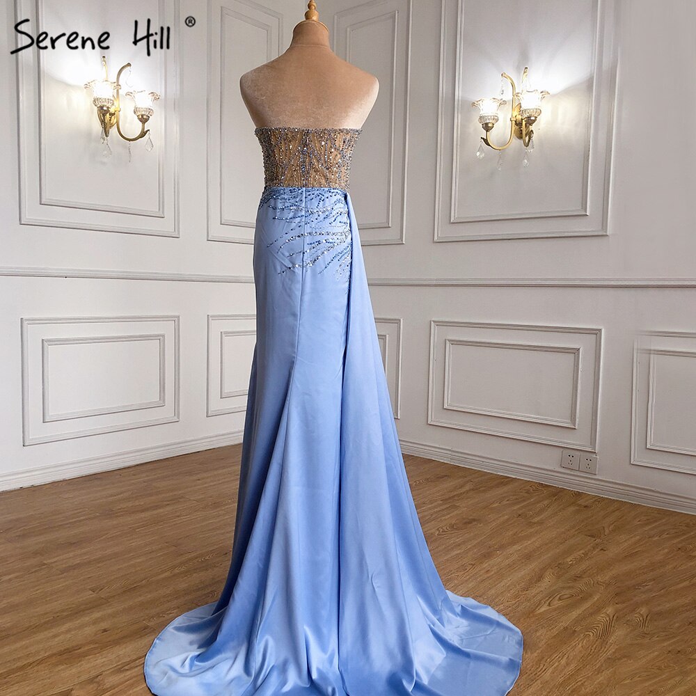 Blau High Split Meerjungfrau Abendkleider Kleider 2025 Perlen Elegante Fleck Für Frauen Party LA71262 