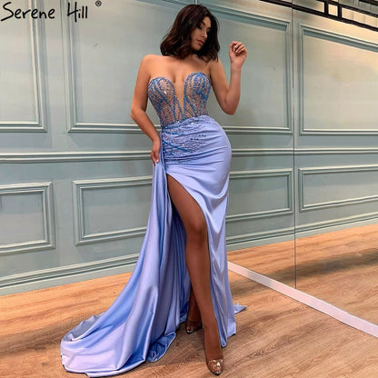 Vestido de noche azul de corte sirena con abertura alta, elegante, con cuentas, para mujer, fiesta, LA71262 
