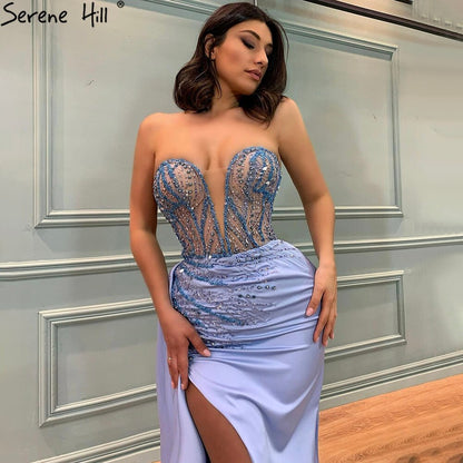 Vestido de noche azul de corte sirena con abertura alta, elegante, con cuentas, para mujer, fiesta, LA71262 