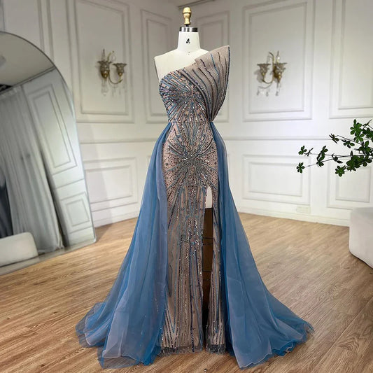 Vestido de noche azul de corte sirena con abertura alta y sobrefalda, de lujo, con cuentas, estilo Dubái, para mujer, para boda, fiesta, 2025, LA71921A 