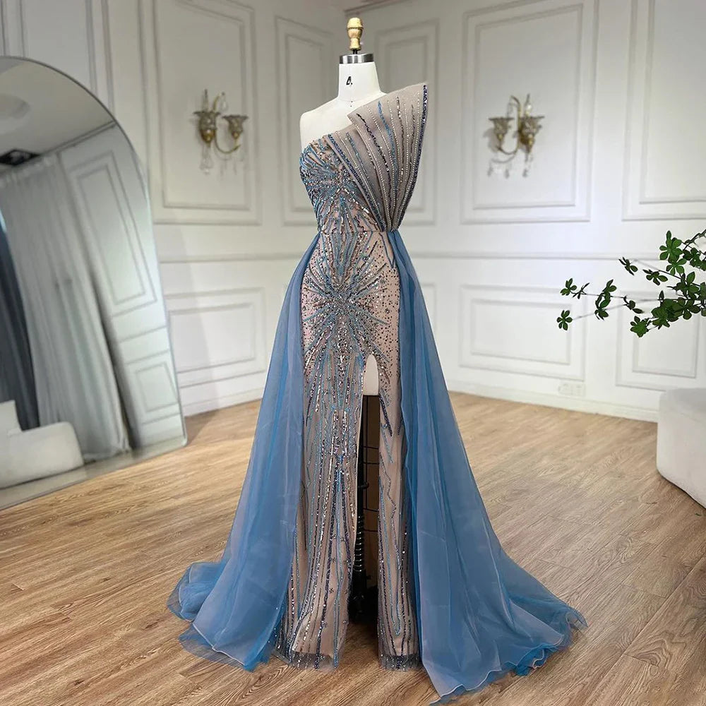 Vestido de noche azul de corte sirena con abertura alta y sobrefalda, de lujo, con cuentas, estilo Dubái, para mujer, para boda, fiesta, 2025, LA71921A 