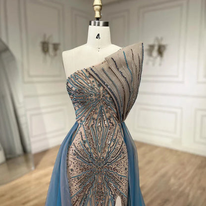 Vestido de noche azul de corte sirena con abertura alta y sobrefalda, de lujo, con cuentas, estilo Dubái, para mujer, para boda, fiesta, 2025, LA71921A 