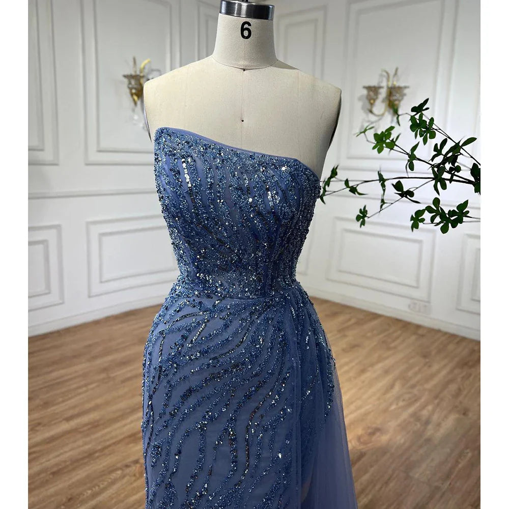 Vestido de noche azul con abertura alta y falda de sirena, sin tirantes y con cuentas, para mujer, fiesta 2025 LA71795 