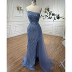 Blue High Split With Skirt Mermaid Strapless Beaded Evening Dresses Gowns For Women Party 2025 LA71795