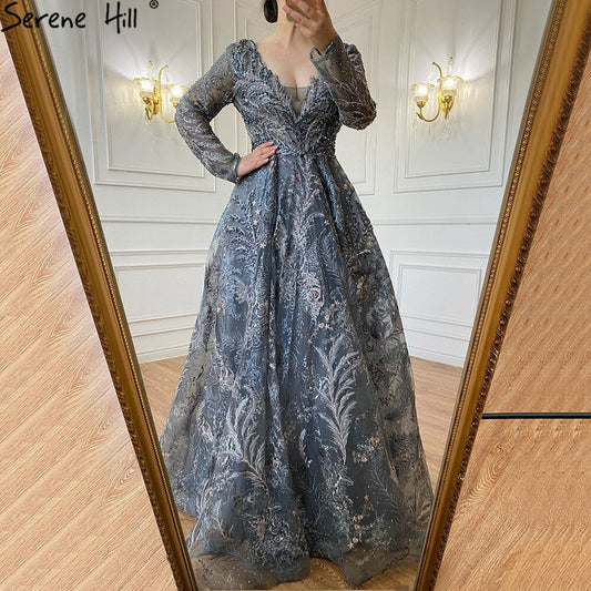 Vestidos de noche de encaje azul con cuentas, corte A, de lujo, para mujer, fiesta de bodas, LA71249 