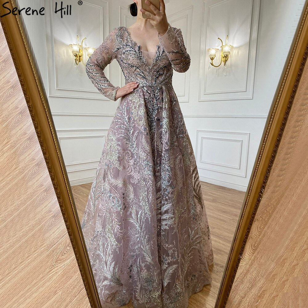 Blaue Spitze Perlen Abendkleider Kleider 2025 A-Linie Luxus Für Frau Hochzeit Party LA71249 