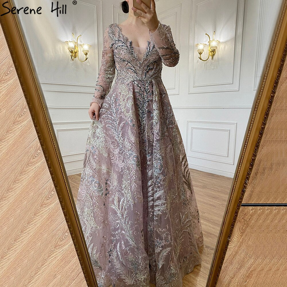 Blaue Spitze Perlen Abendkleider Kleider 2025 A-Linie Luxus Für Frau Hochzeit Party LA71249 