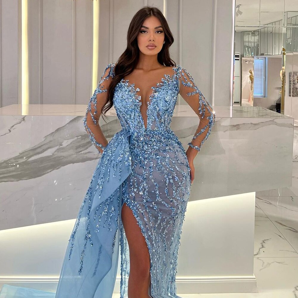 Blaue Lange Sleevele Elegante Meerjungfrau Hohe Split Abendkleider 2025 Frauen Sexy Party Kleider mit Seite Rock LA72044 