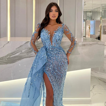 Blaue Lange Sleevele Elegante Meerjungfrau Hohe Split Abendkleider 2025 Frauen Sexy Party Kleider mit Seite Rock LA72044 