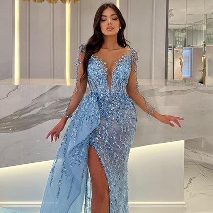 Blaue Lange Sleevele Elegante Meerjungfrau Hohe Split Abendkleider 2025 Frauen Sexy Party Kleider mit Seite Rock LA72044 