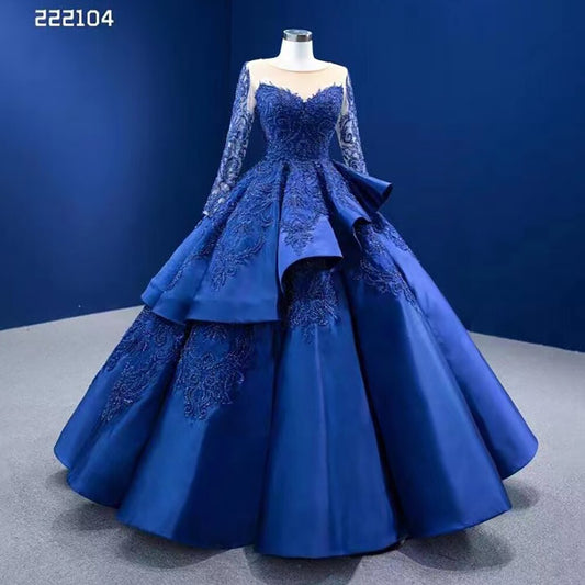 Blau Lange Ärmel Perlen Spitze Lace Up Ballkleid Braut Kleider Hochzeit Kleid High-End Nach Maß 2025 HM222104 