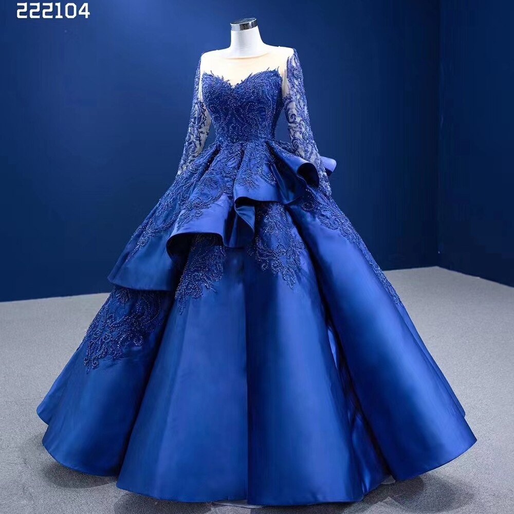 Blau Lange Ärmel Perlen Spitze Lace Up Ballkleid Braut Kleider Hochzeit Kleid High-End Nach Maß 2025 HM222104 