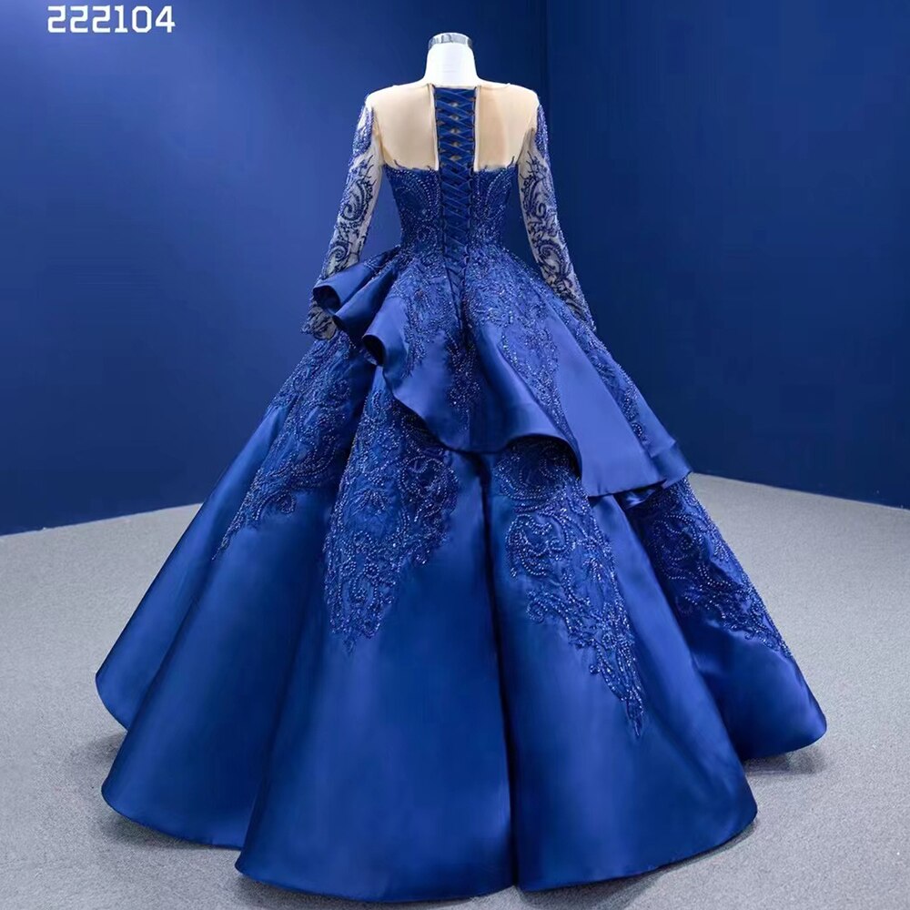 Blau Lange Ärmel Perlen Spitze Lace Up Ballkleid Braut Kleider Hochzeit Kleid High-End Nach Maß 2025 HM222104 