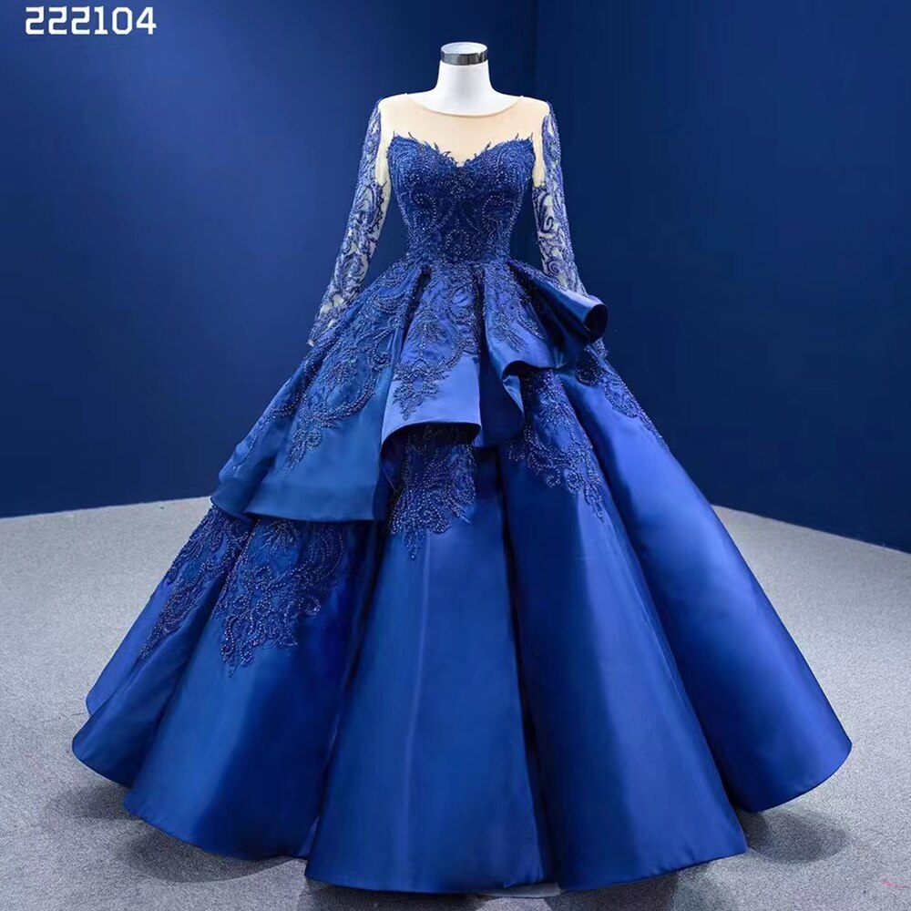 Blau Lange Ärmel Perlen Spitze Lace Up Ballkleid Braut Kleider Hochzeit Kleid High-End Nach Maß 2025 HM222104 