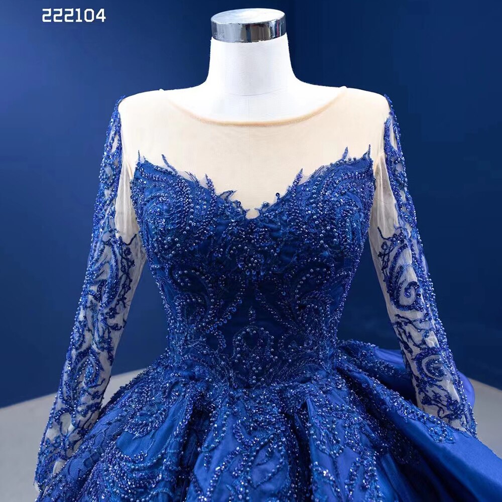 Blau Lange Ärmel Perlen Spitze Lace Up Ballkleid Braut Kleider Hochzeit Kleid High-End Nach Maß 2025 HM222104 