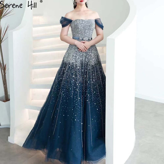 Blaue Luxus A-Linie Abendkleider Kleider 2025 Perlen Bling Lace Up Für Frauen Party LA71157A 