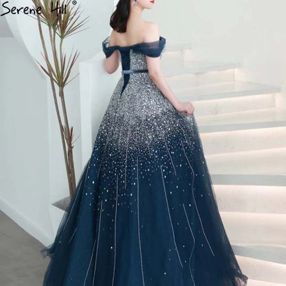 Blaue Luxus A-Linie Abendkleider Kleider 2025 Perlen Bling Lace Up Für Frauen Party LA71157A 