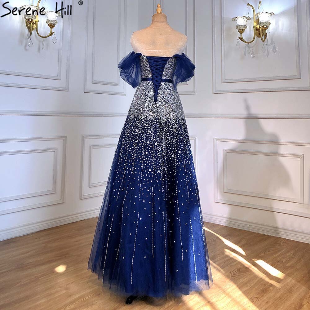 Blaue Luxus A-Linie Abendkleider Kleider 2025 Perlen Bling Lace Up Für Frauen Party LA71157A 