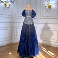 Blaue Luxus A-Linie Abendkleider Kleider 2025 Perlen Bling Lace Up Für Frauen Party LA71157A 