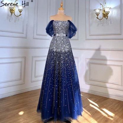 Blaue Luxus A-Linie Abendkleider Kleider 2025 Perlen Bling Lace Up Für Frauen Party LA71157A 