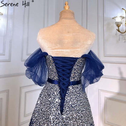 Blaue Luxus A-Linie Abendkleider Kleider 2025 Perlen Bling Lace Up Für Frauen Party LA71157A 