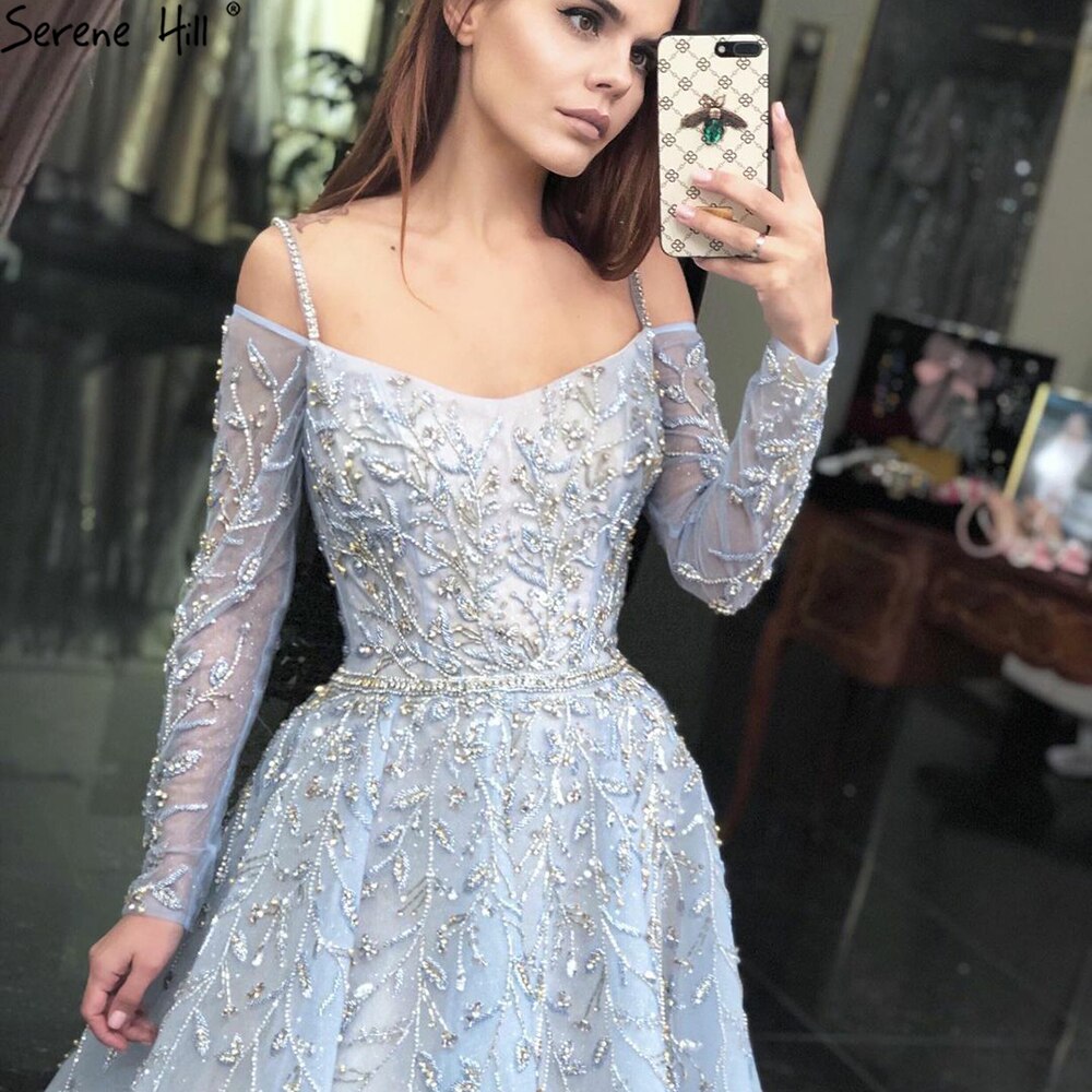 Blau Luxus A-linie Abendkleider Kleider 2025 Perlen Spaghetti Strap Sexy Für Frauen Party LA70812 