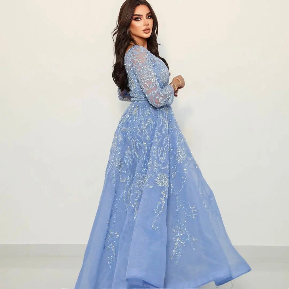 Blue Luxury A-Line Evening Dresses Gowns 2025 Beaded Long Sleeves For Woman Party LA71596