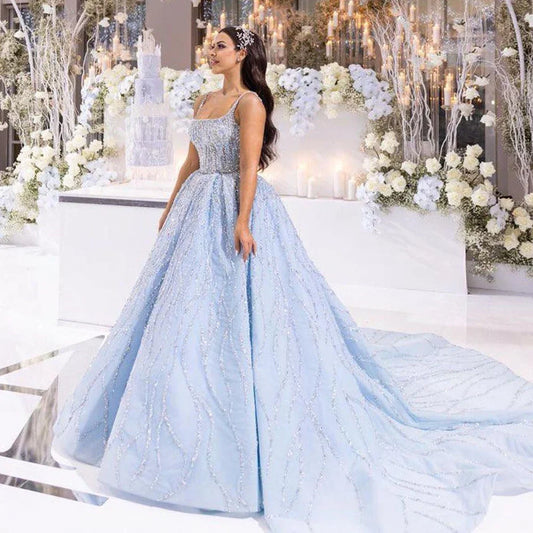 Blau Luxus High-End-Brautkleider 2025 Perlen Ärmellose Lace Up Brautkleid HM67331 Nach Maß 