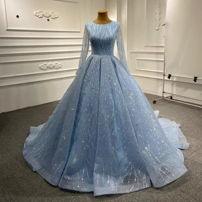 Blau Luxus High-End-Brautkleider 2025 Perlen Ärmellose Lace Up Brautkleid HM67331 Nach Maß 
