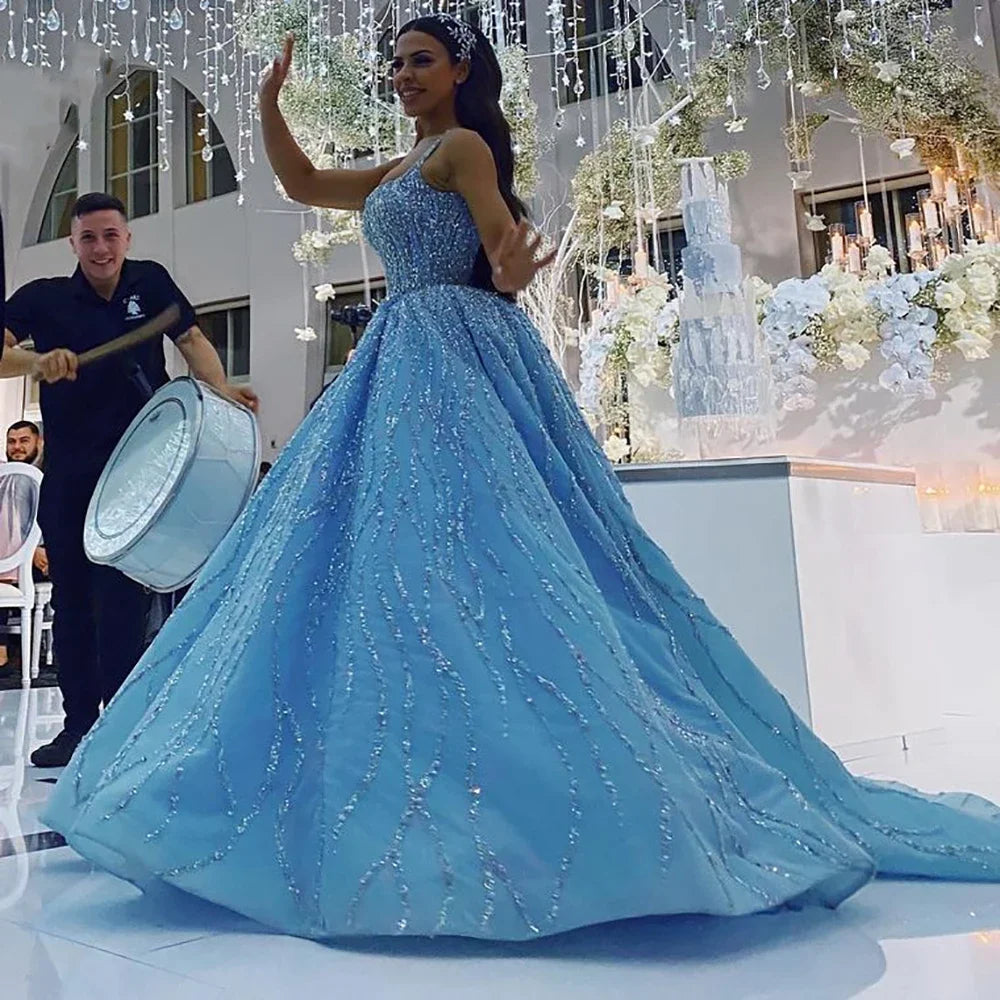 Vestido de novia azul de lujo de alta gama 2025, con cuentas, sin mangas, con cordones, HM67331, hecho a medida 