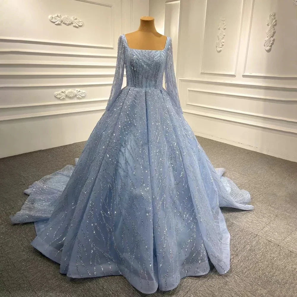 Blau Luxus High-End-Brautkleider 2025 Perlen Ärmellose Lace Up Brautkleid HM67331 Nach Maß 