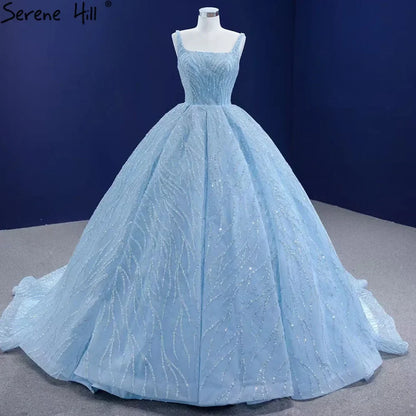 Blau Luxus High-End-Brautkleider 2025 Perlen Ärmellose Lace Up Brautkleid HM67331 Nach Maß 