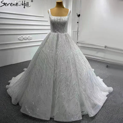 Blau Luxus High-End-Brautkleider 2025 Perlen Ärmellose Lace Up Brautkleid HM67331 Nach Maß 