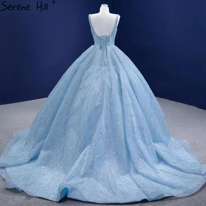 Blau Luxus High-End-Brautkleider 2025 Perlen Ärmellose Lace Up Brautkleid HM67331 Nach Maß 