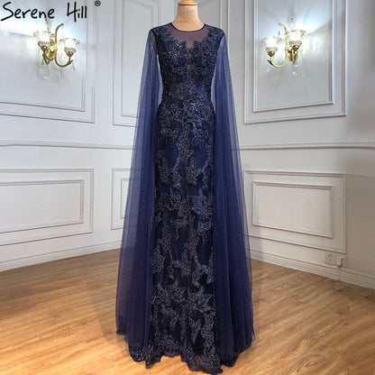 Blau Luxus Meerjungfrau Abendkleider Gowns2025 Cape Ärmel Perlen Elegante Für Frau Party LA71163 