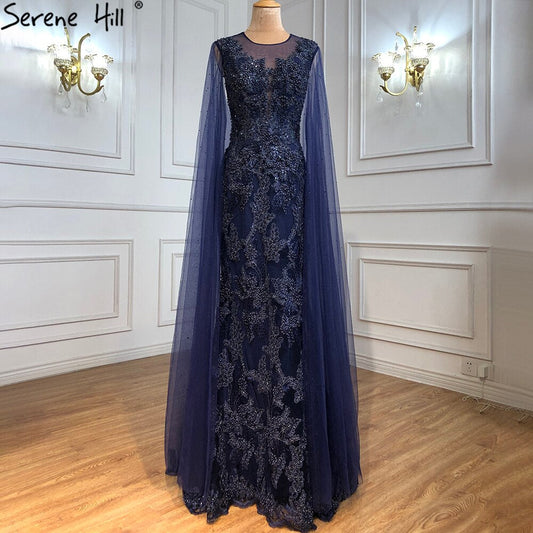 Blau Luxus Meerjungfrau Abendkleider Gowns2025 Cape Ärmel Perlen Elegante Für Frau Party LA71163 