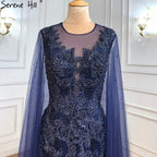 Blue Luxury Mermaid Evening Dresses Gowns2025 Cape Sleeves Beaded Elegant For Woman Party LA71163