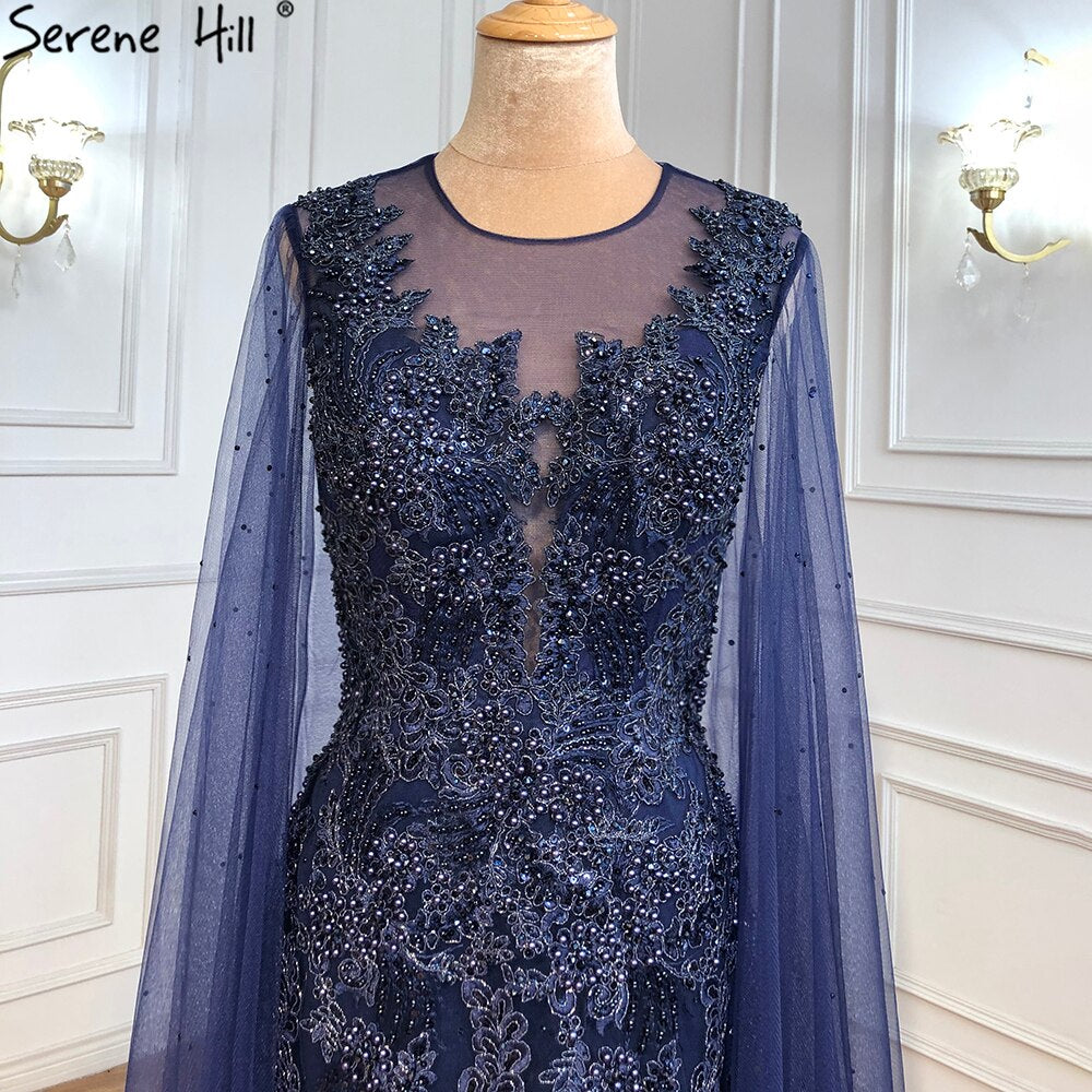 Blau Luxus Meerjungfrau Abendkleider Gowns2025 Cape Ärmel Perlen Elegante Für Frau Party LA71163 