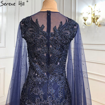 Blau Luxus Meerjungfrau Abendkleider Gowns2025 Cape Ärmel Perlen Elegante Für Frau Party LA71163 